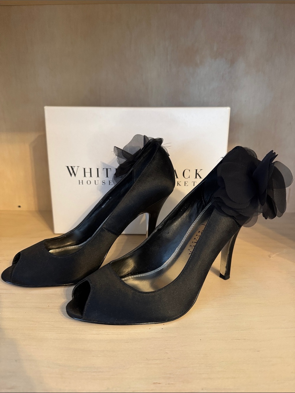 White House Black Market Black Princess Peep-Toe Heels with Floral Accent